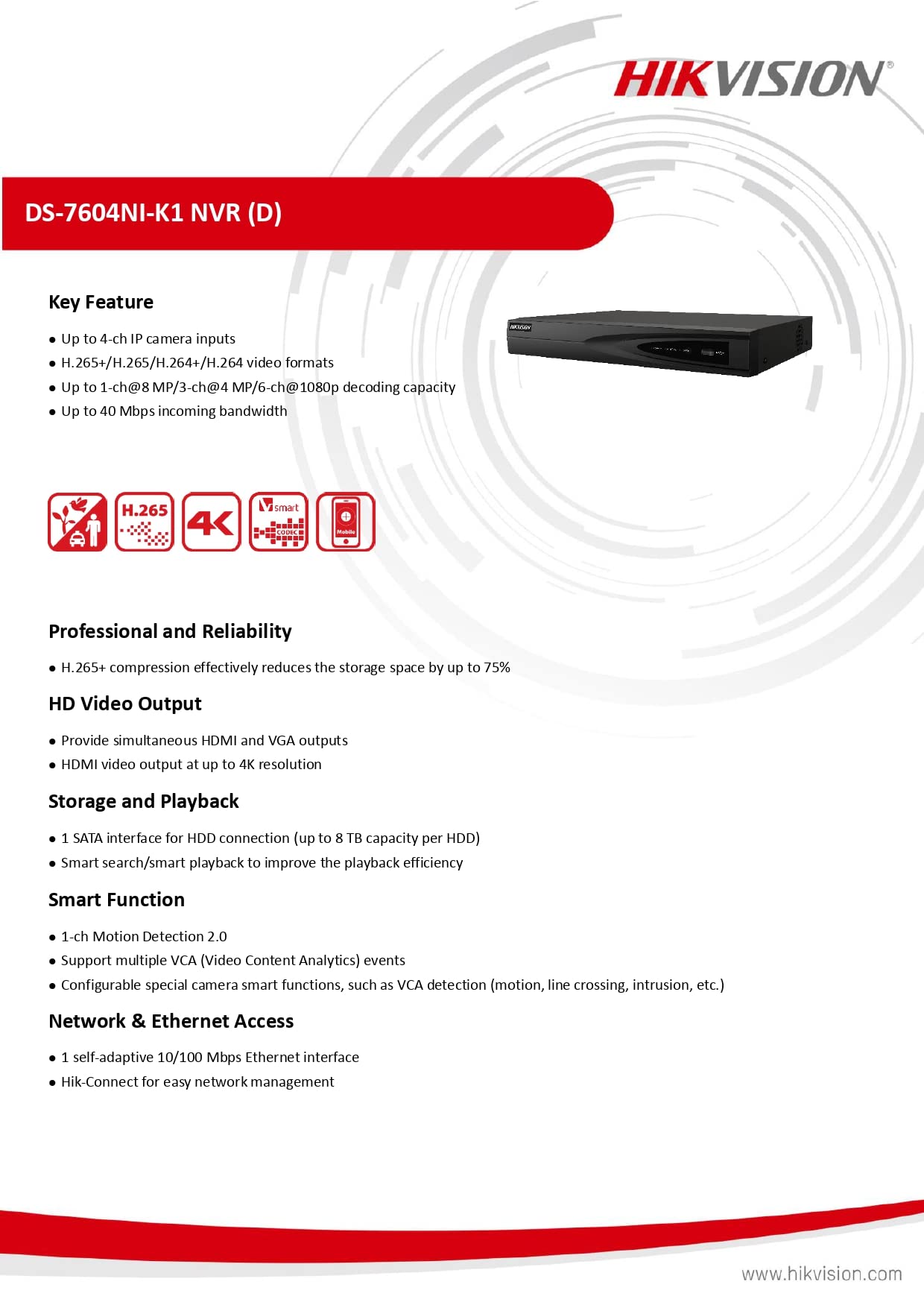 Buy HIKVISION Network Video Recorder 4-ch 1U 4K, 1 SATA Interface